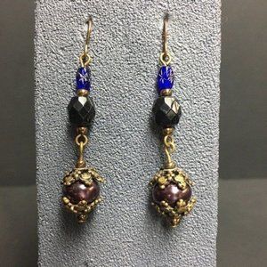 Dangle Pierced Earrings Blue Black Stars Asterisks Purple Gold Hook Retro BoHo